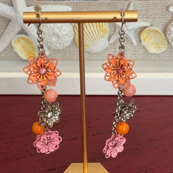Fashion Jewelry Orange Pink Flower Silver Tone Dangle Earrings # 222 - Picture 2 of 5